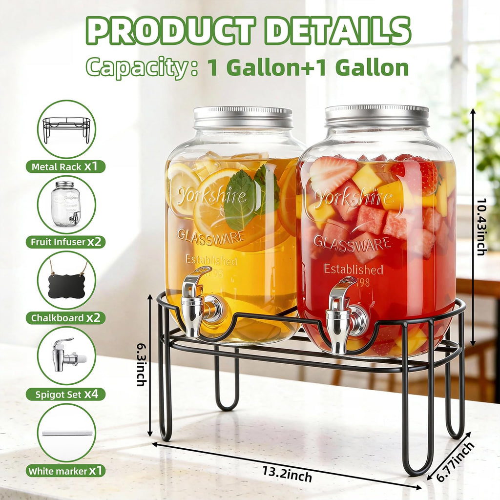 1 Gallon Glass Drink Dispenser 2 Pack with Fruit Infuser and Stand K358379
