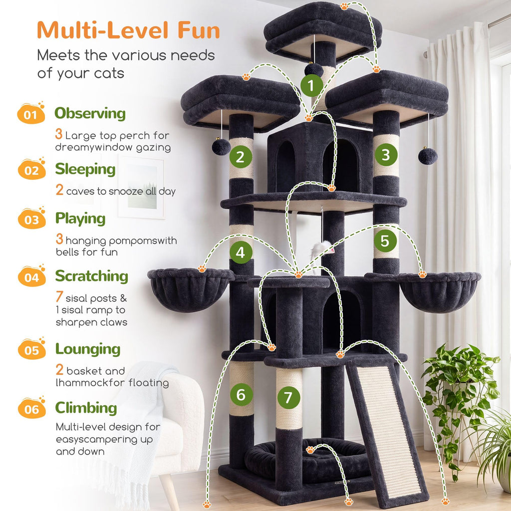 70 Inch Dark Gray Cat Tree with Scratching Post N918532