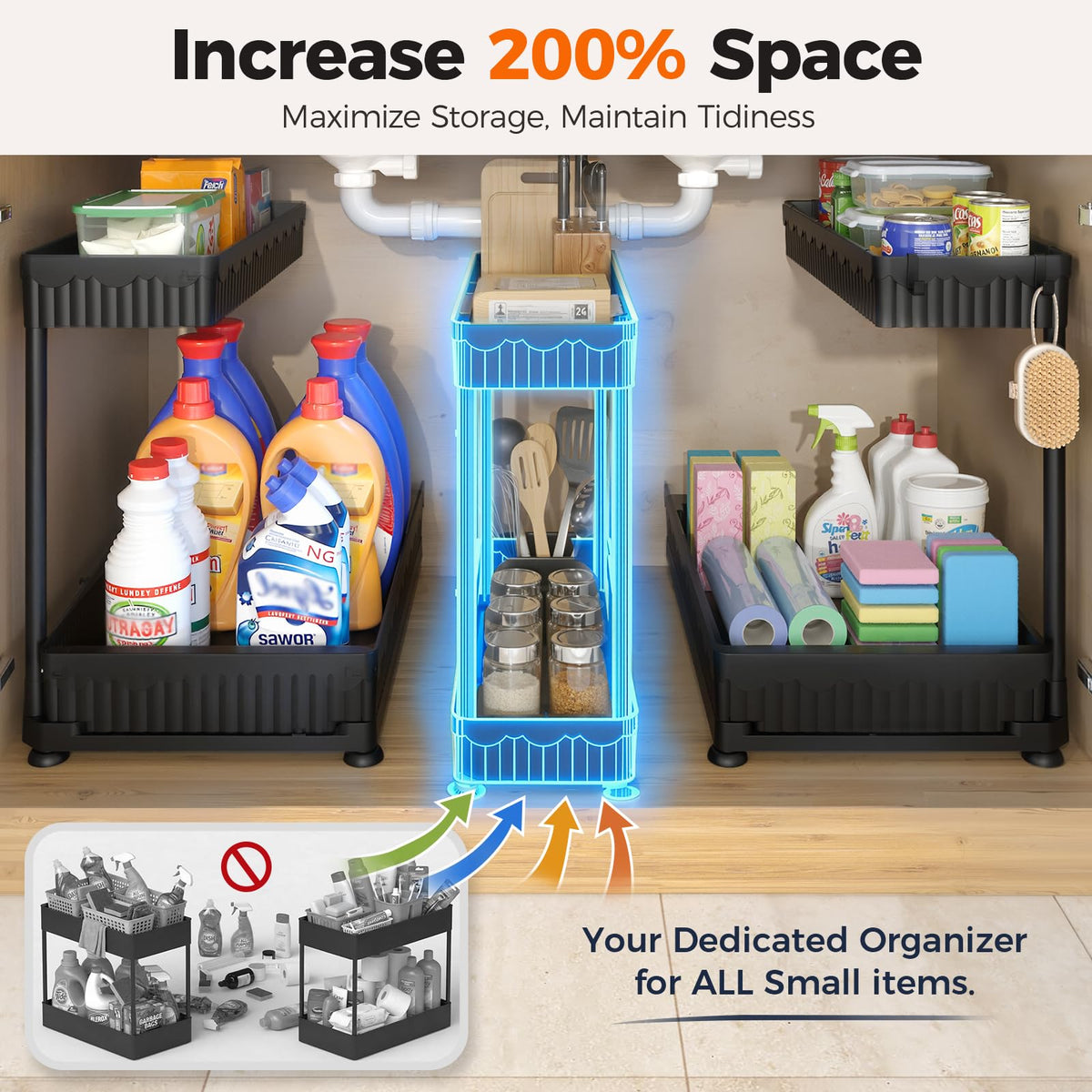 3-Pack 2-Tier L-Shaped Under Sink Organizers with Sliding Drawers U682