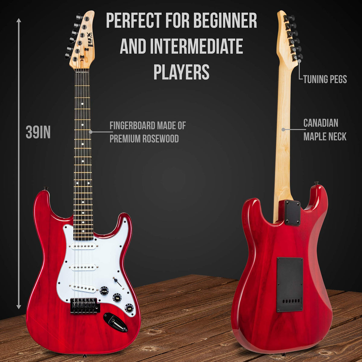 39” Electric Guitar Kit with Amp Cable, 6 Picks, Solid Wood Body, Red L754715