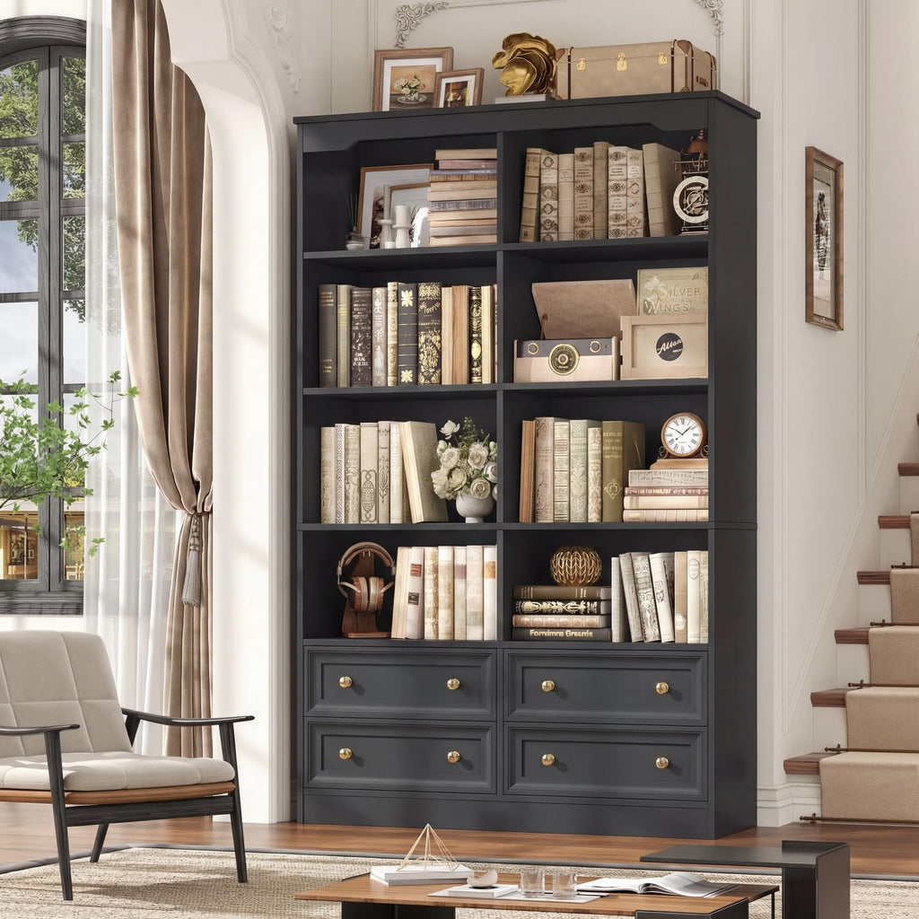 71" Tall Black Bookshelf with 4 Drawers H6888