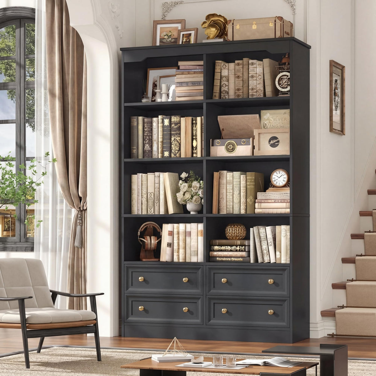 71" Tall Black Bookshelf with 4 Drawers H6888