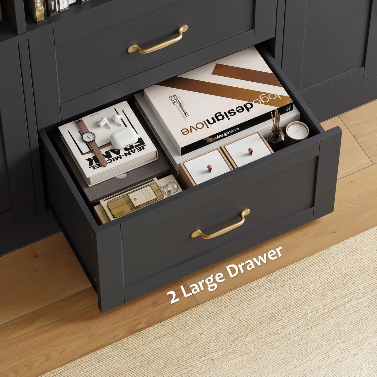 Black Tall Bookshelf with Storage Drawers & Doors Y9476