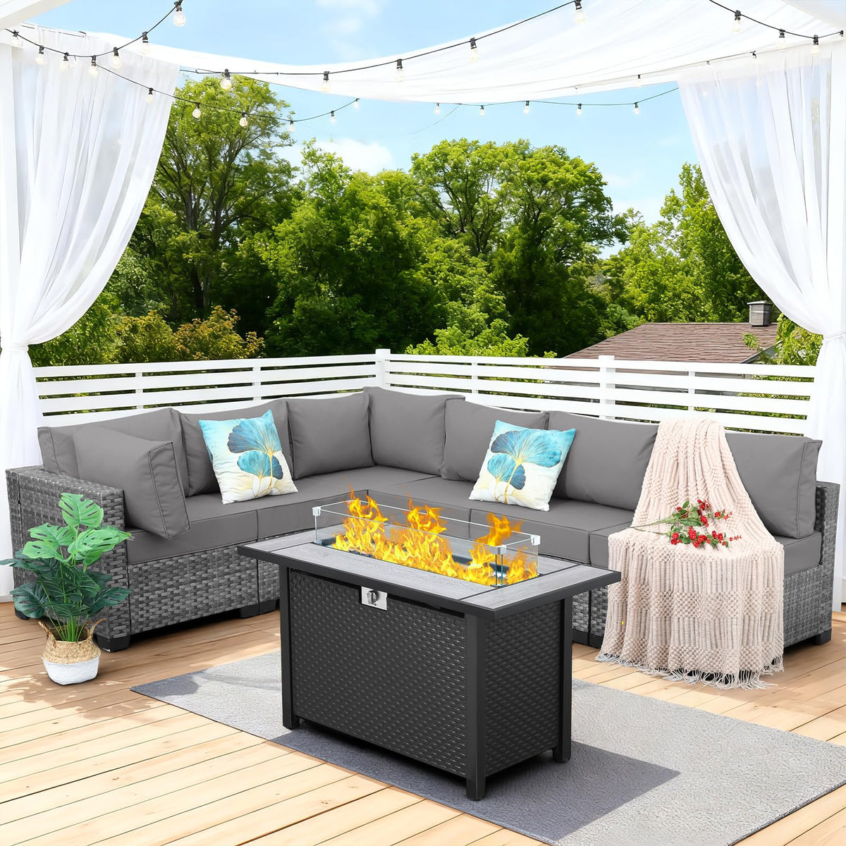 7 Pieces Wicker Patio Furniture Set with Fire Pit Table R959