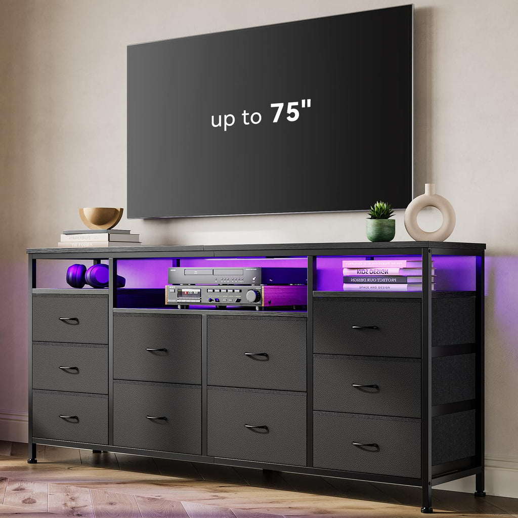 Black 10 Fabric Drawer Dresser with LED Lights & Power Outlets A81817