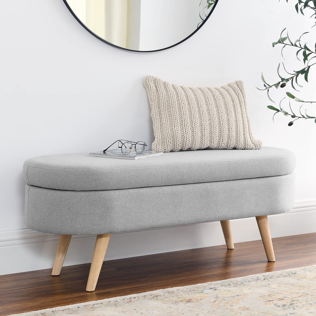 Linen Gray Upholstered Storage Ottoman Bench I284460
