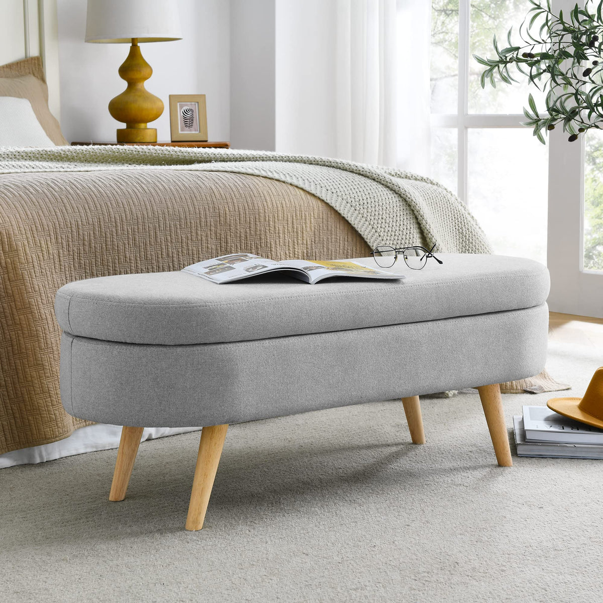 Linen Gray Upholstered Storage Ottoman Bench I284460