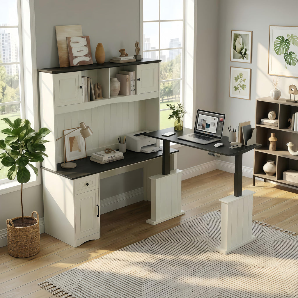 L Shaped Electric Standing Desk with Hutch and Drawers, Antique White K76885